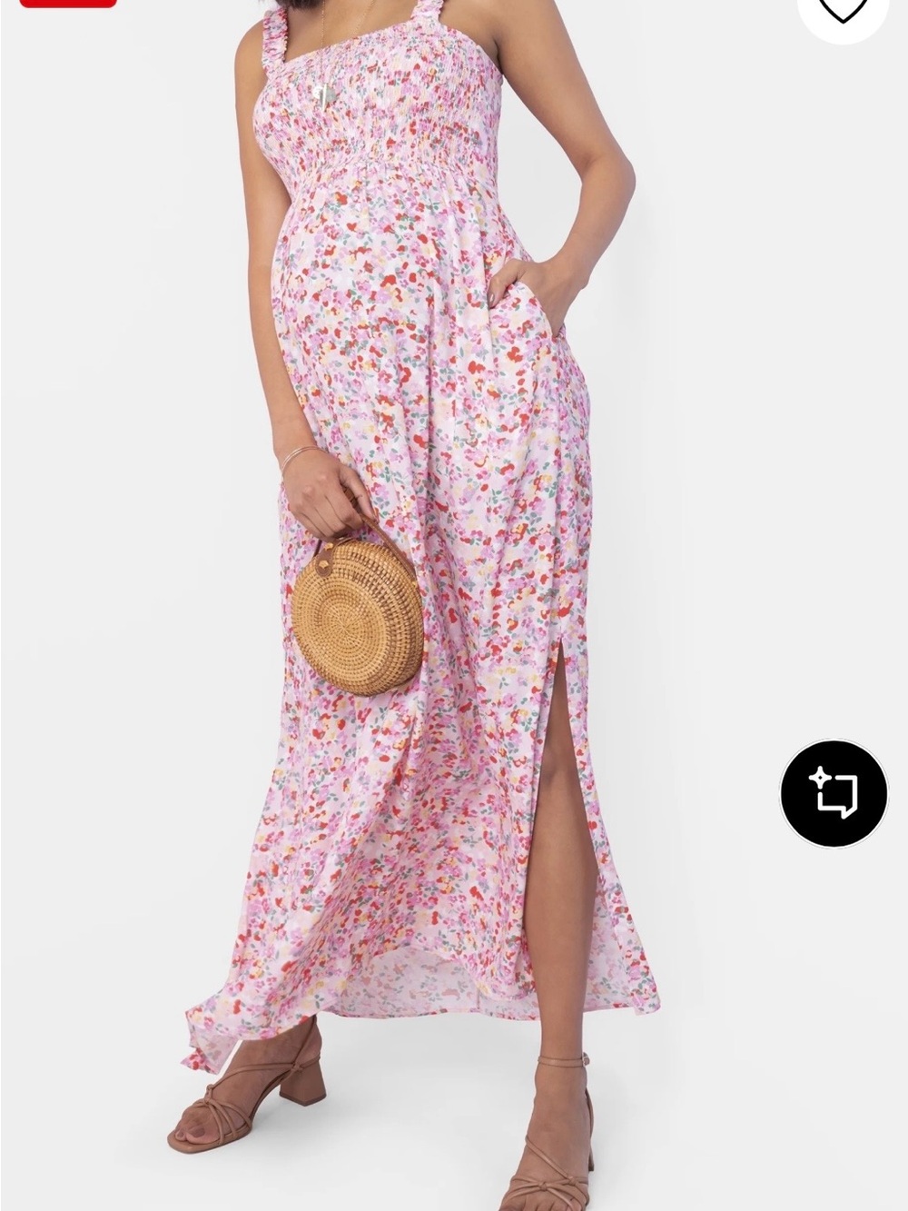 Seraphine Pink Floral Multi Dot Maternity Smocked Maxi with Side Slit